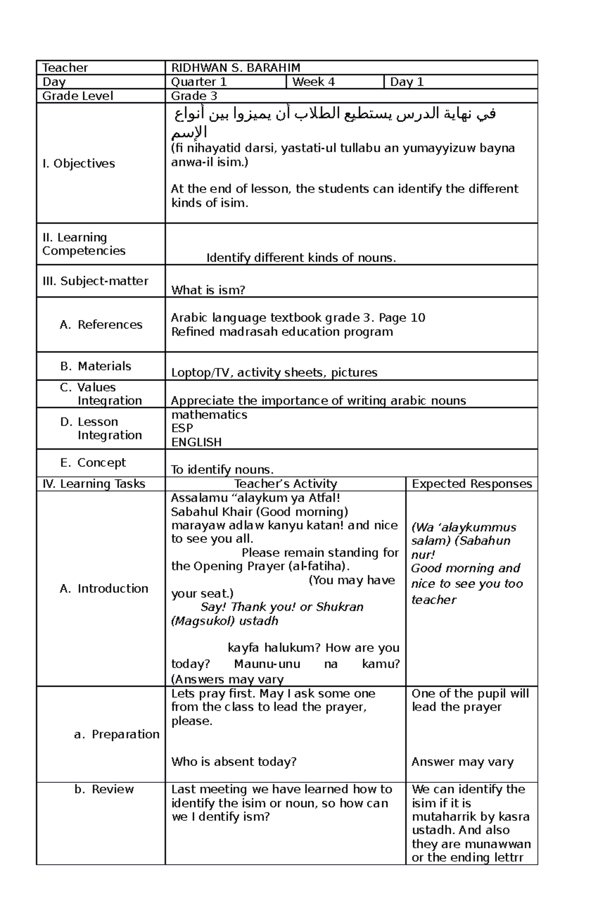 Grade 3 Arabic Language - Teacher Ridhwan S. Barahim Day Quarter 1 Week 