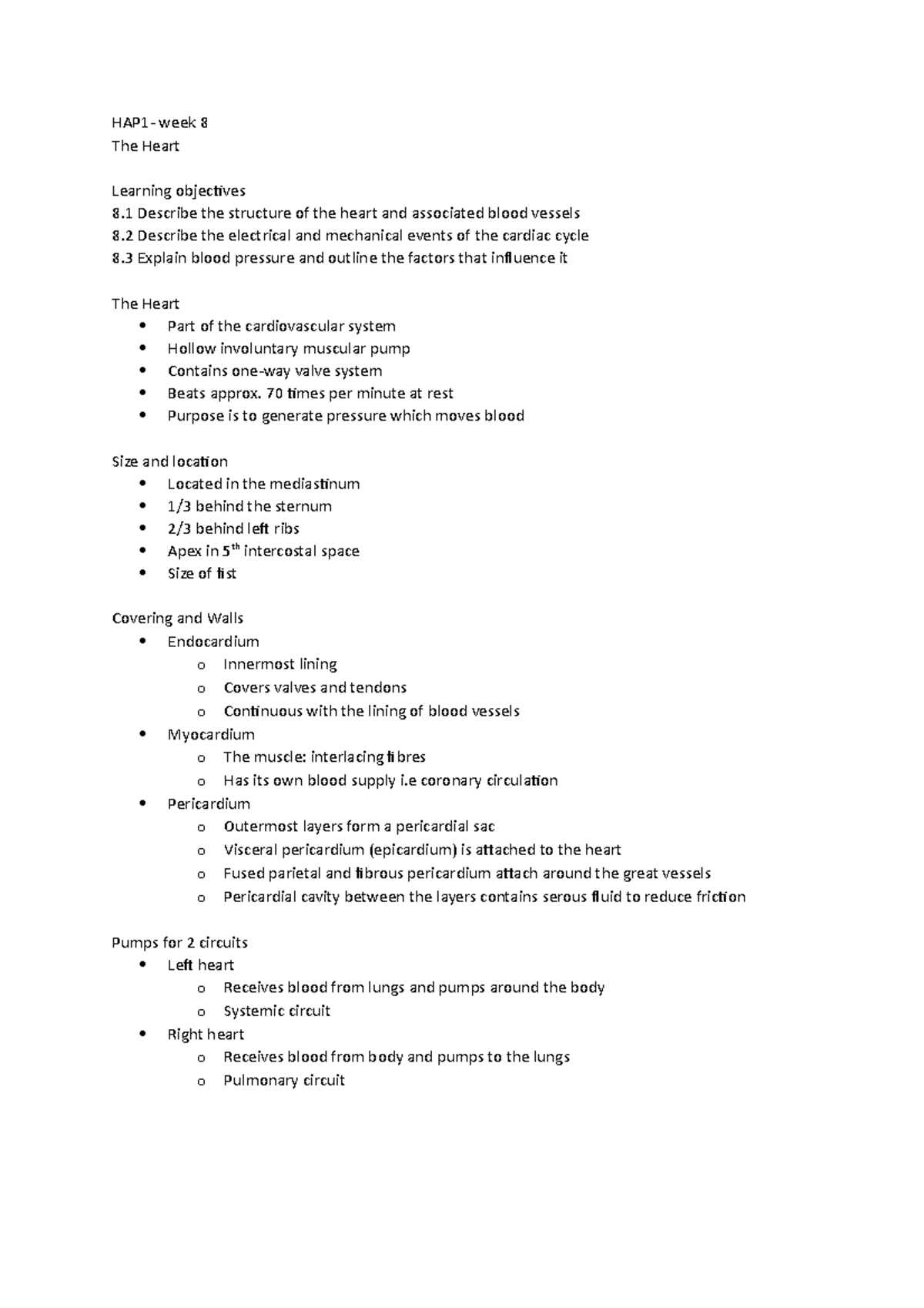 Week 8- the heart - Lecture notes 8 - HAP1- week 8 The Heart Learning ...