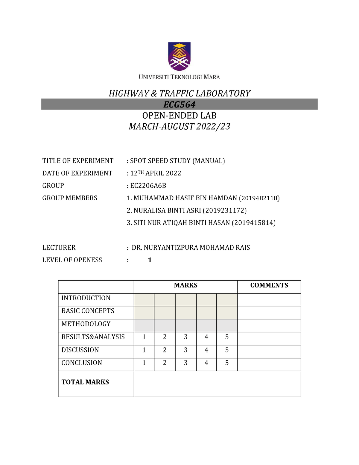 Spot Speed Study Manual Highway Amp Traffic Laboratory Ecg Open Ended Lab March August 2022 Studocu