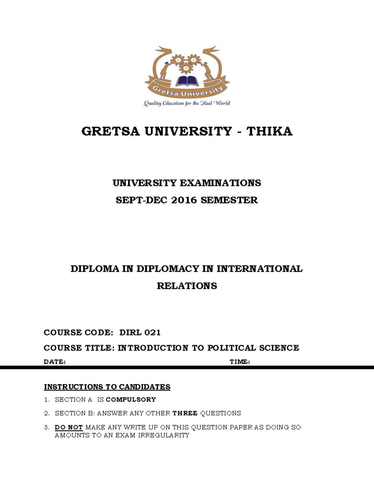 DIRL 021-political science - GRETSA UNIVERSITY - THIKA UNIVERSITY ...