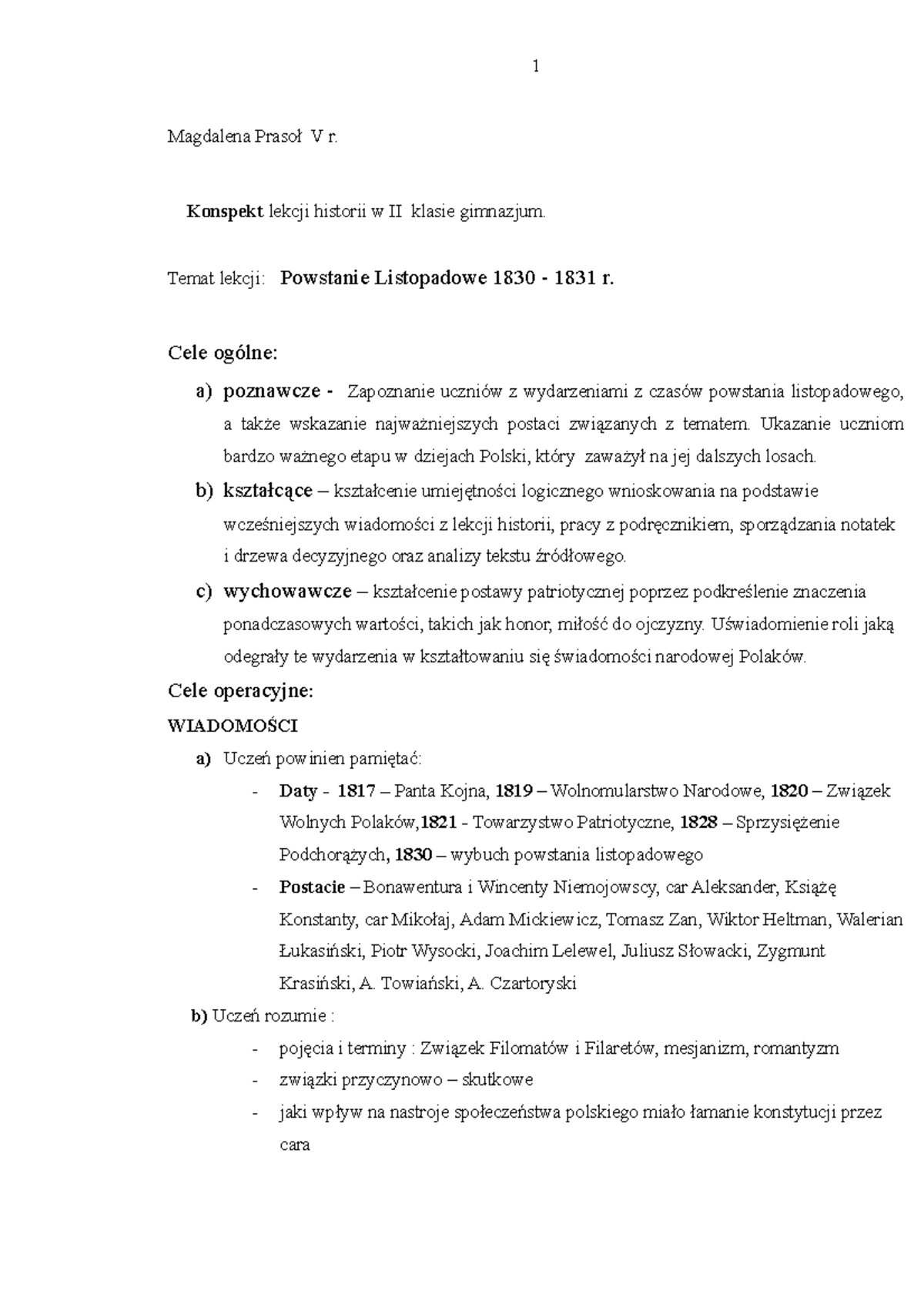Listopad powstanie - Magdalena Prasoł V r. Konspekt lekcji historii w