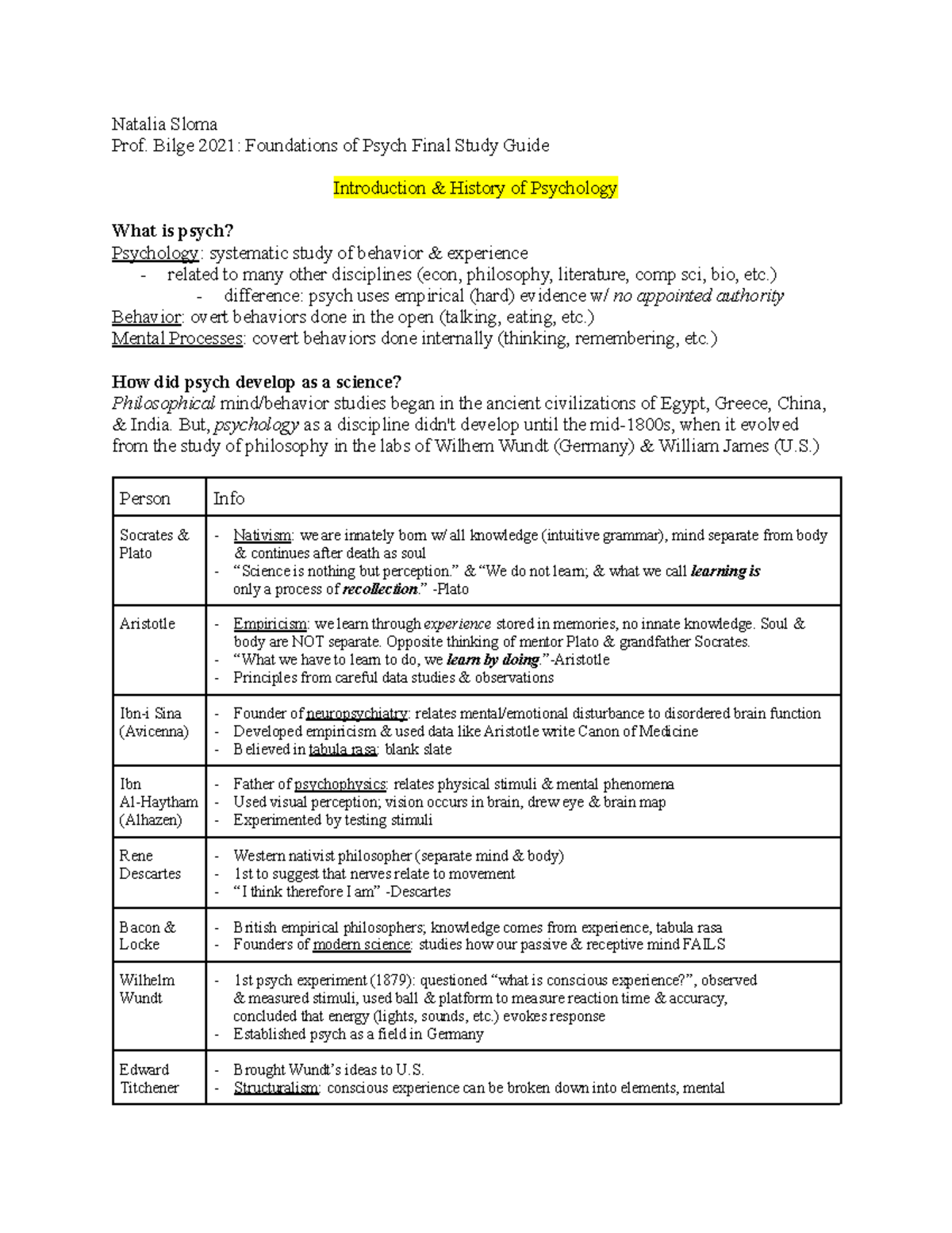 Foundations of Psych Final Study Guide - PSYC 1101 - NU - Studocu