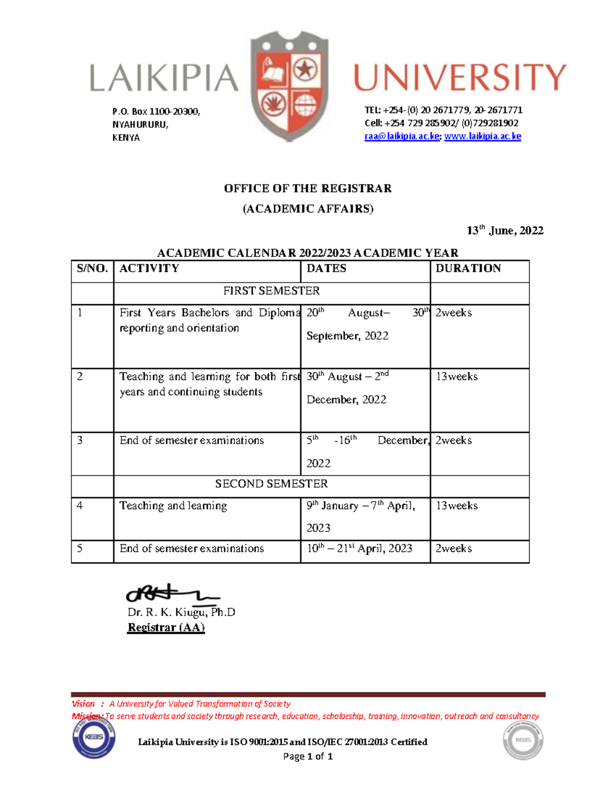 2022-2023 Academic Calendar - OFFICE OF THE REGISTRAR (ACADEMIC AFFAIRS ...