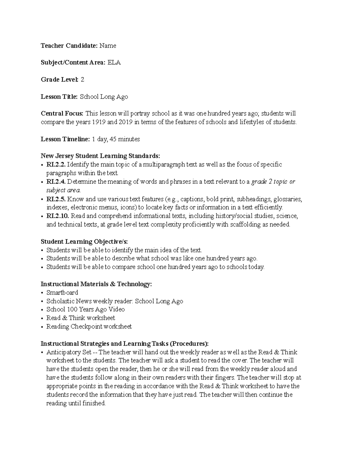 2nd Grade ELA & Social Studies Lesson Plan Example - Teacher Candidate ...
