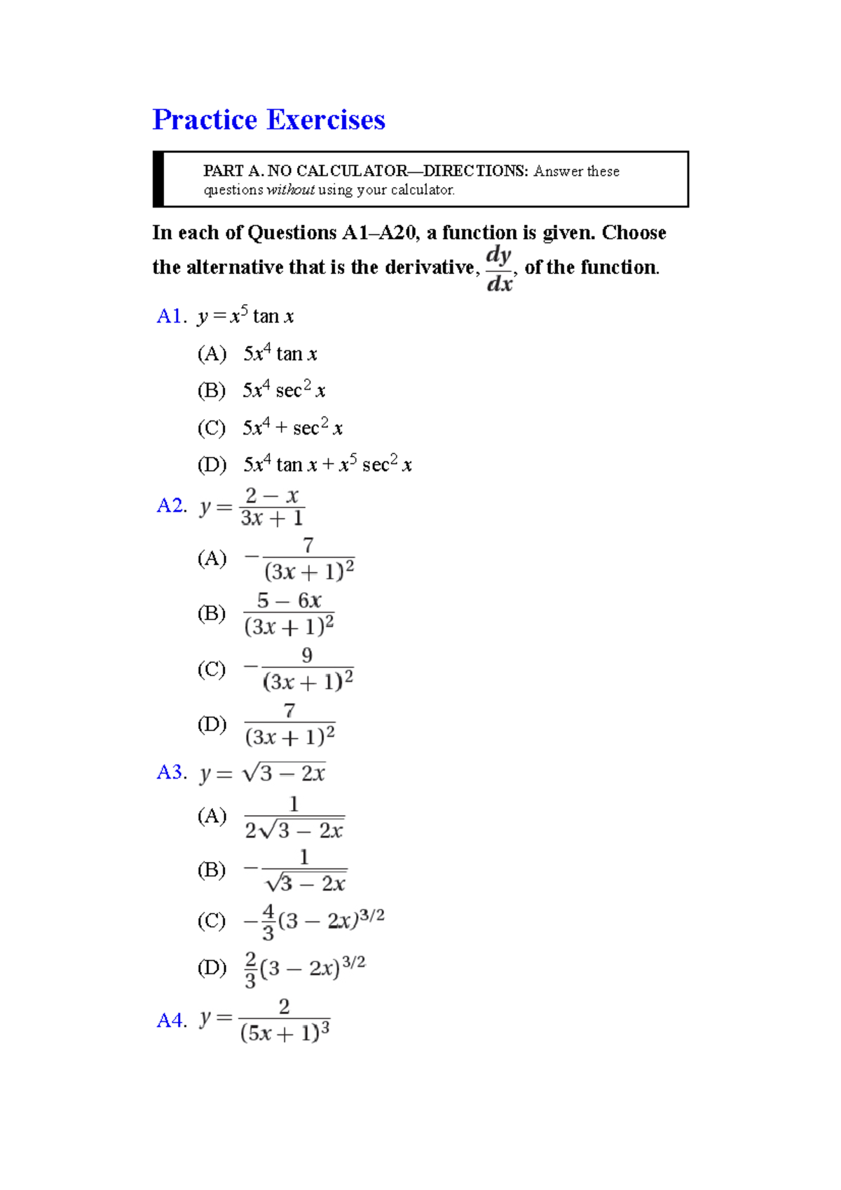 Difeantiation PT - Practice Exercises PART A. NO CALCULATOR—DIRECTIONS ...