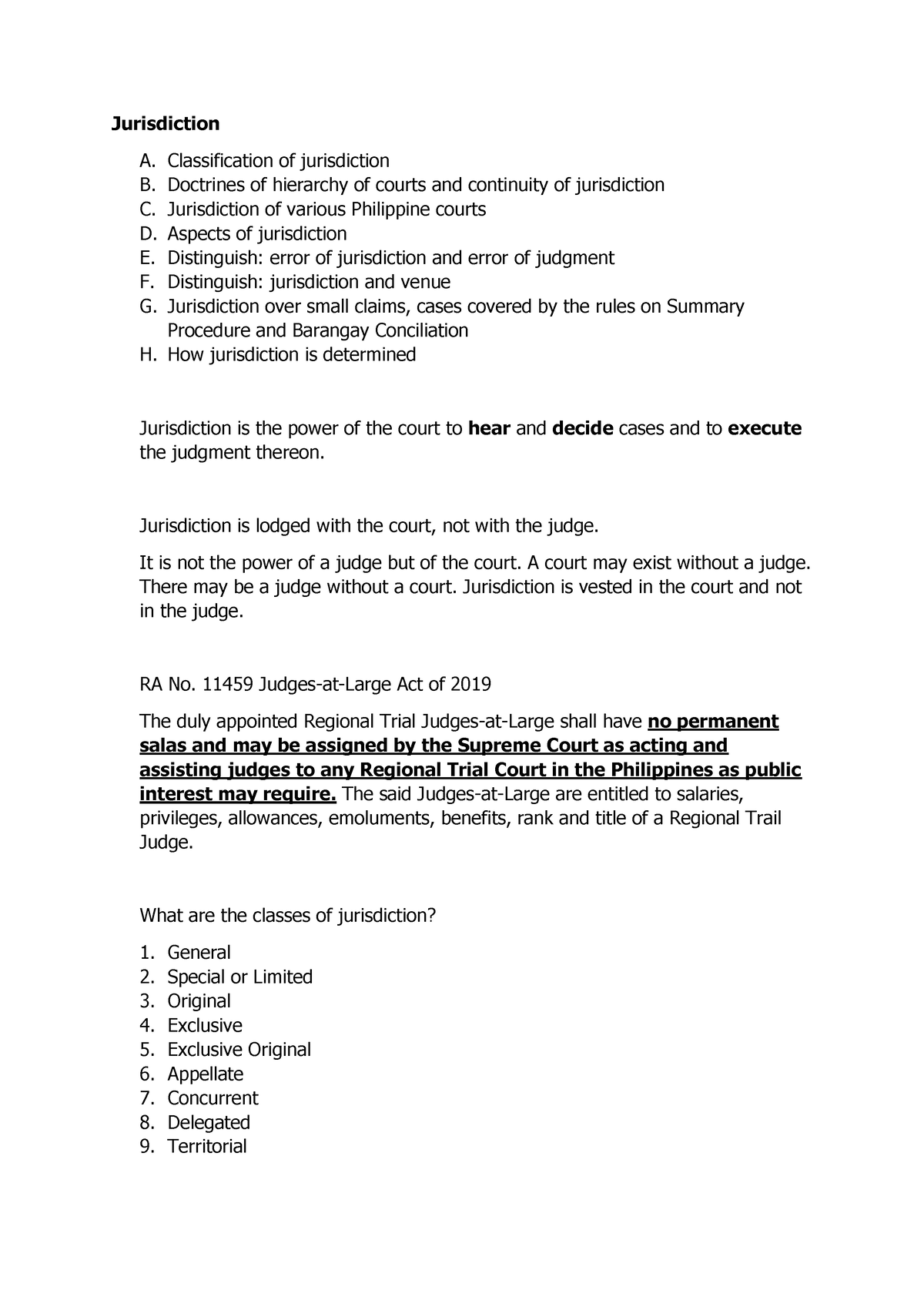 Jurisdiction - Classification Of Jurisdiction B. Doctrines Of Hierarchy ...