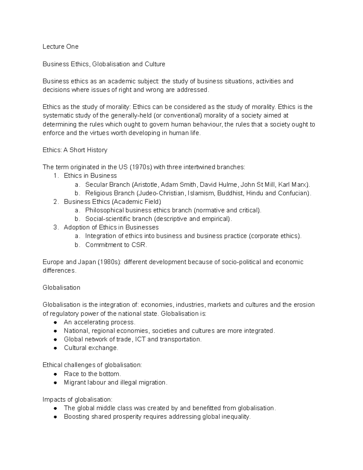 Business Ethics Globalisation and Culture: Lecture Summary - Studocu