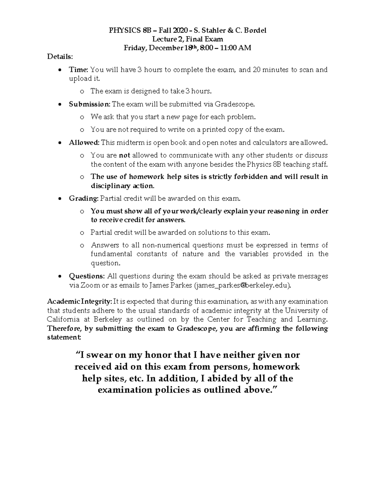Physics 8B Stahler Fall 2020 Final Exam questions - PHYSICS 8B – Fall ...