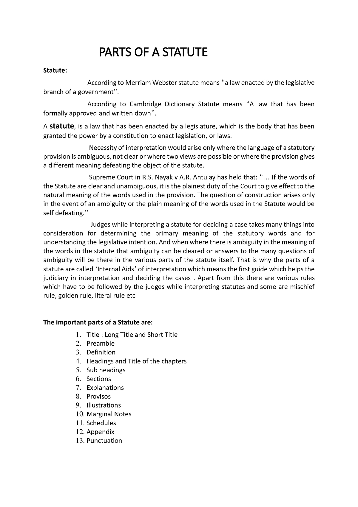 Unit 04 Parts Of A Statute PARTS OF A STATUTE Statute According To 