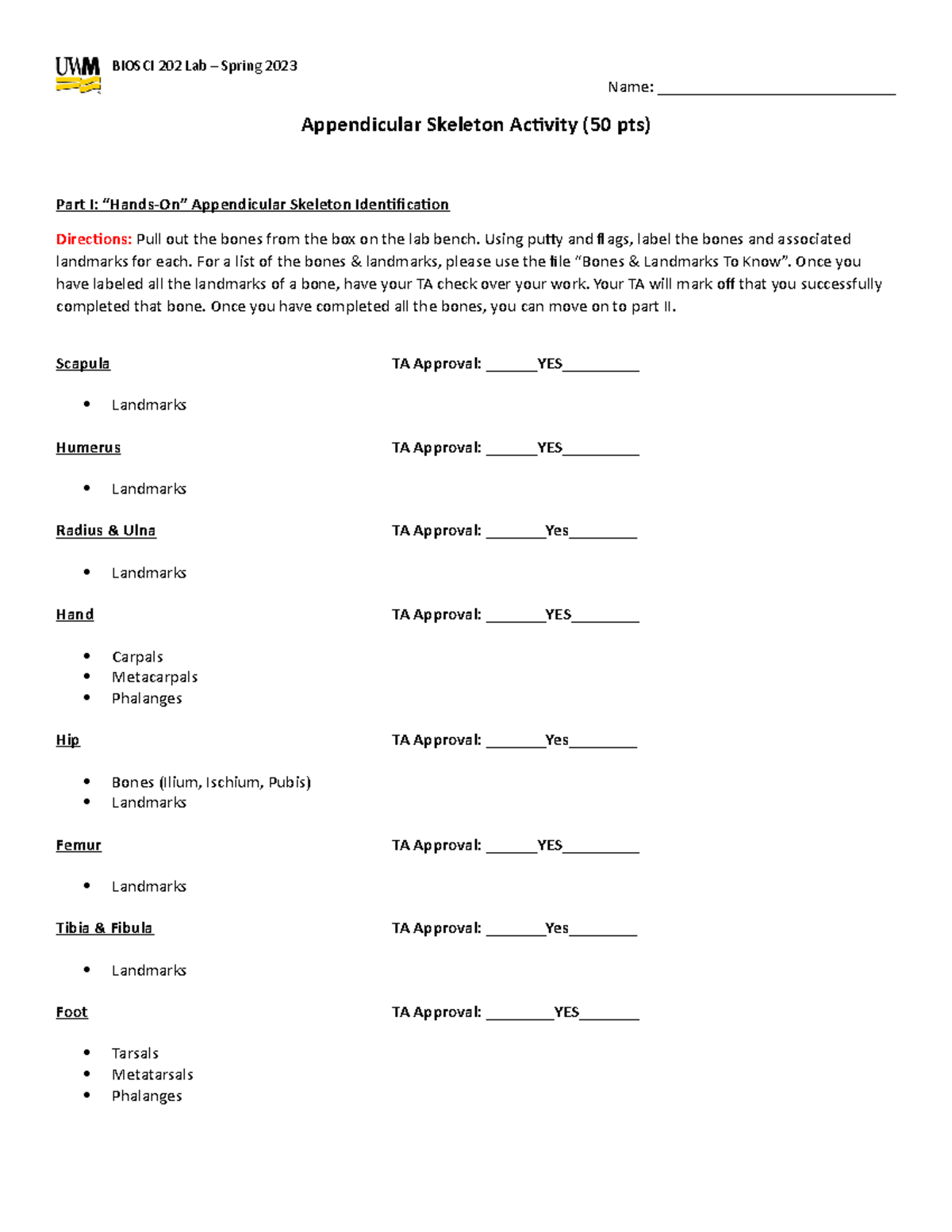 Appendicular Skeleton Activity - Spring 2023 - Name ...