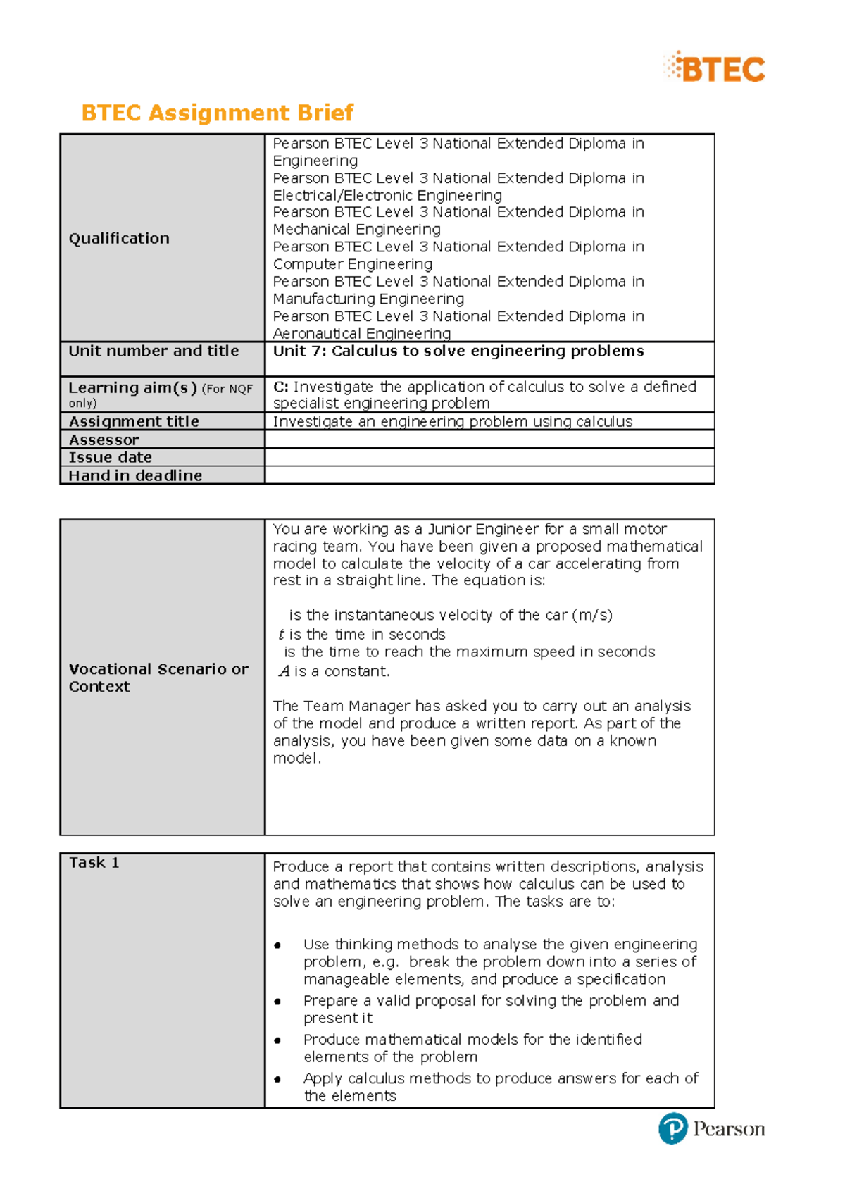 U7 A3 - BTEC Assignment Brief Qualification Pearson BTEC Level 3 ...