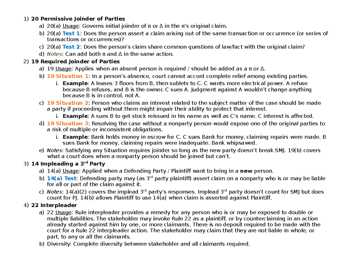 Joinder Chart - Civ Pro - 20 Permissive Joinder Of Parties A) 20(a ...