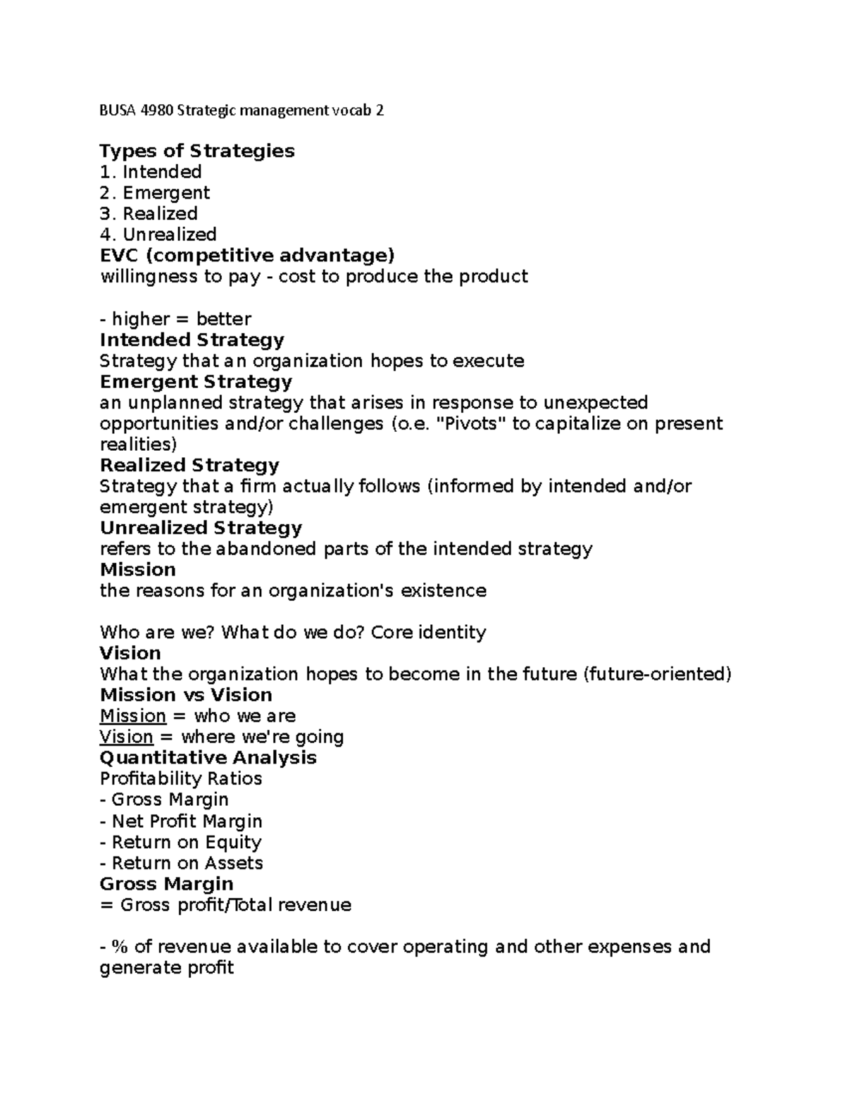 BUSA 4980 Strategic management vocab 2 - BUSA 4980 Strategic management ...