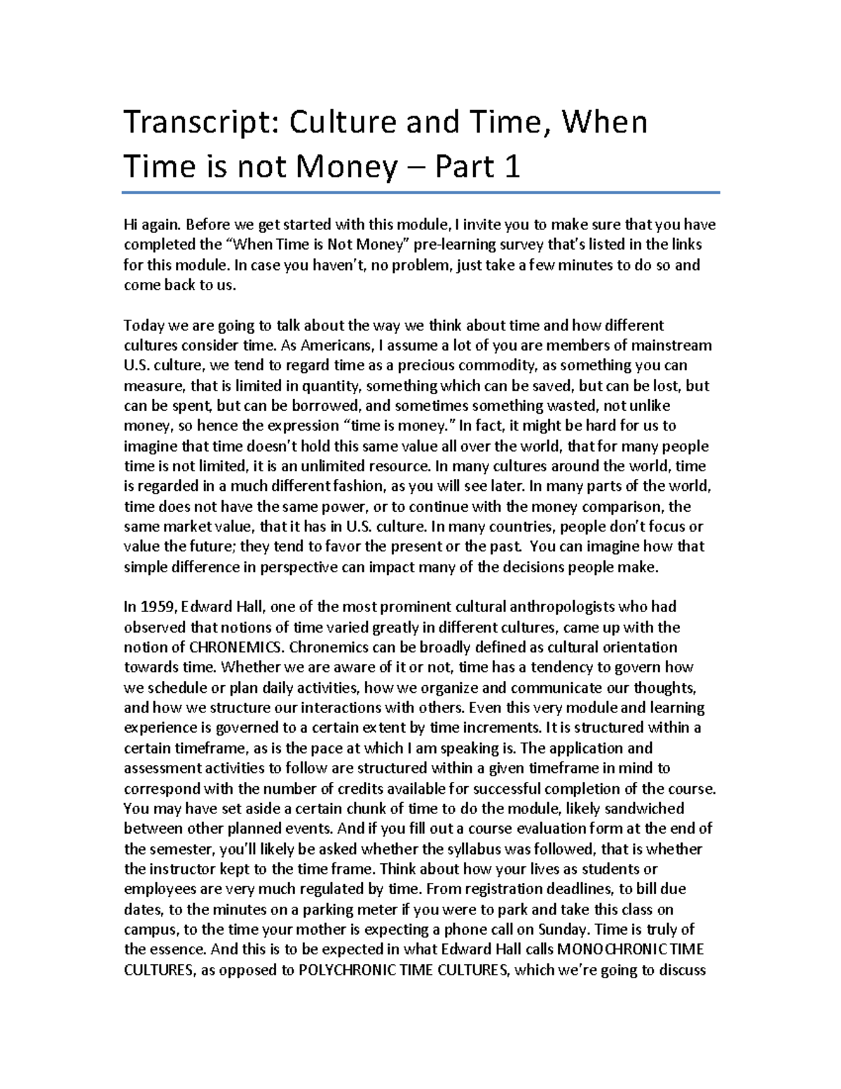 Transcript-Culture and Time-Part 1 - Transcript: Culture and Time, When ...