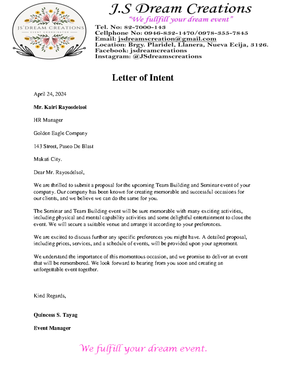 Event-Brief - Letter of Intent April 24, 2024 Mr. Kairi Rayosdelsol HR ...