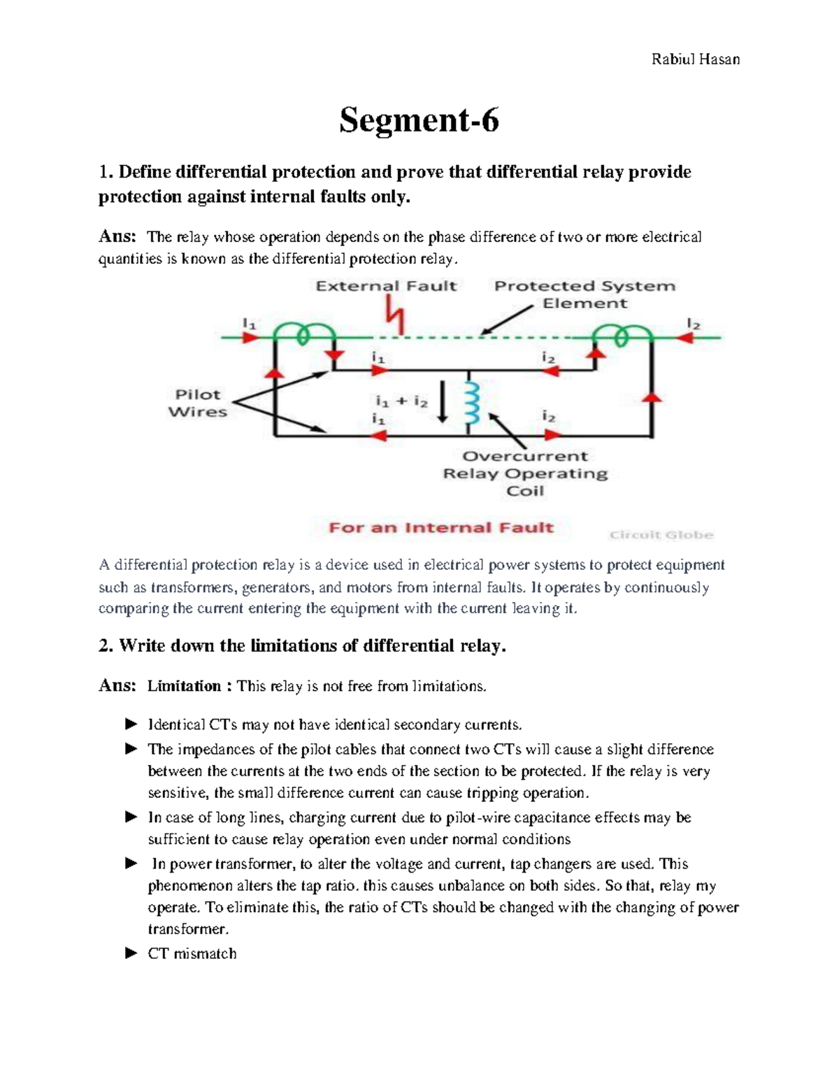 EEE473 Final Suggestion Segment 1. Define differential protection
