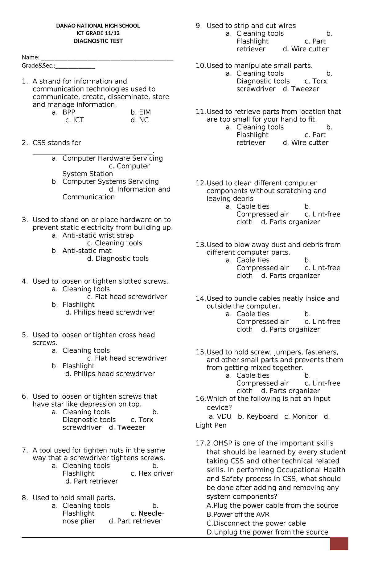 ICT 11 Diagnostic TEST - DANAO NATIONAL HIGH SCHOOL ICT GRADE 11 ...