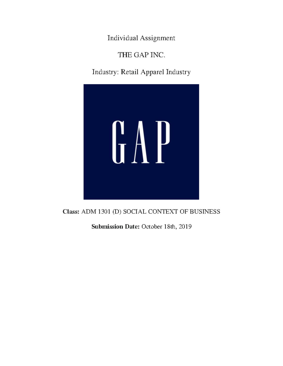 Assignment - Individual Assignment THE GAP INC. Industry: Retail ...