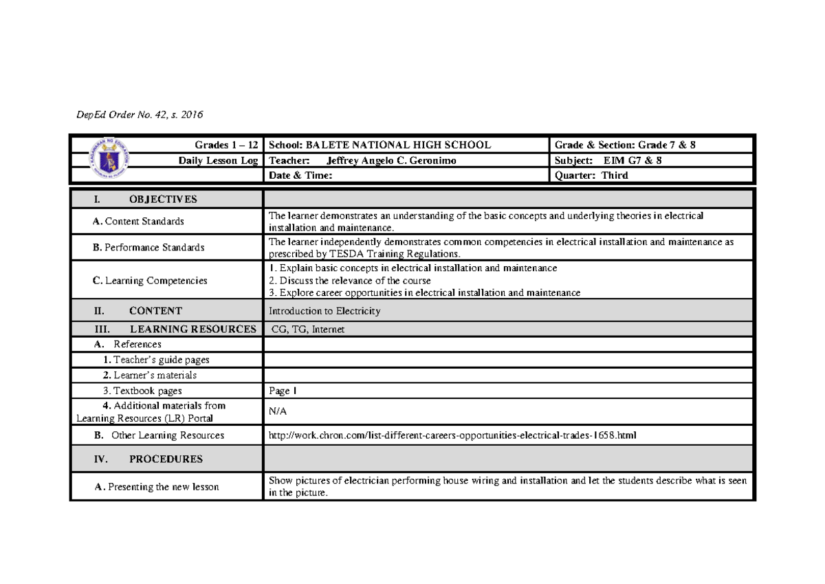 EIM Daily Lesson Log For Public School Teachers DepEd Order No 42 S