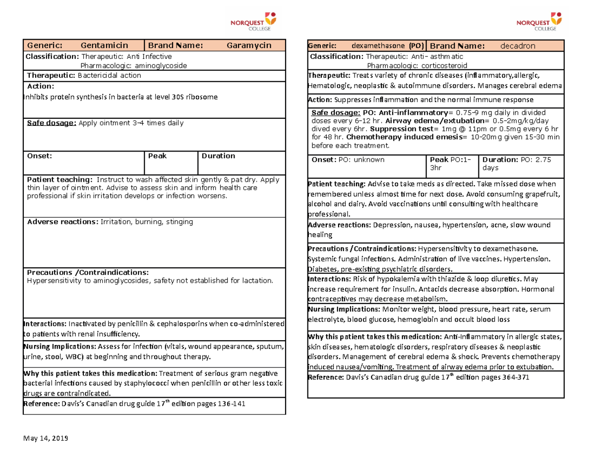 Medication Card for gentamicin and decadron - May 14, 2019 Generic ...