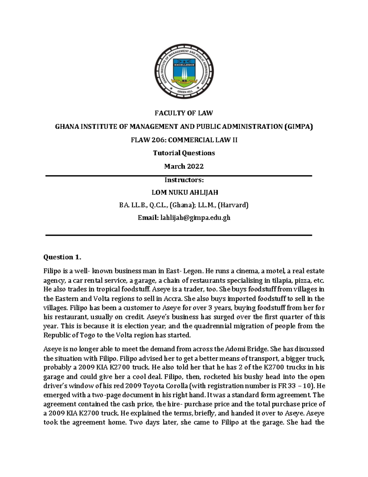 Comm Law Ii Tutorial Questions March 2022 Faculty Of Law Ghana Institute Of Management And 0487