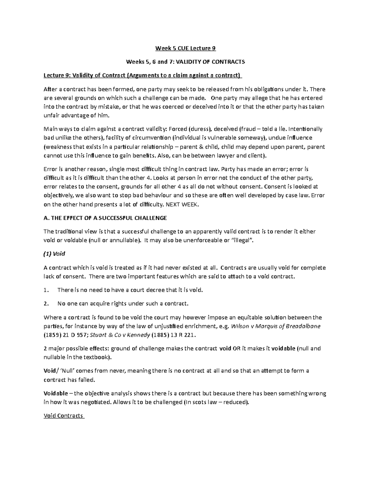Week 5 & 6 contract notes - Week 5 CUE Lecture 9 Weeks 5, 6 and 7 ...