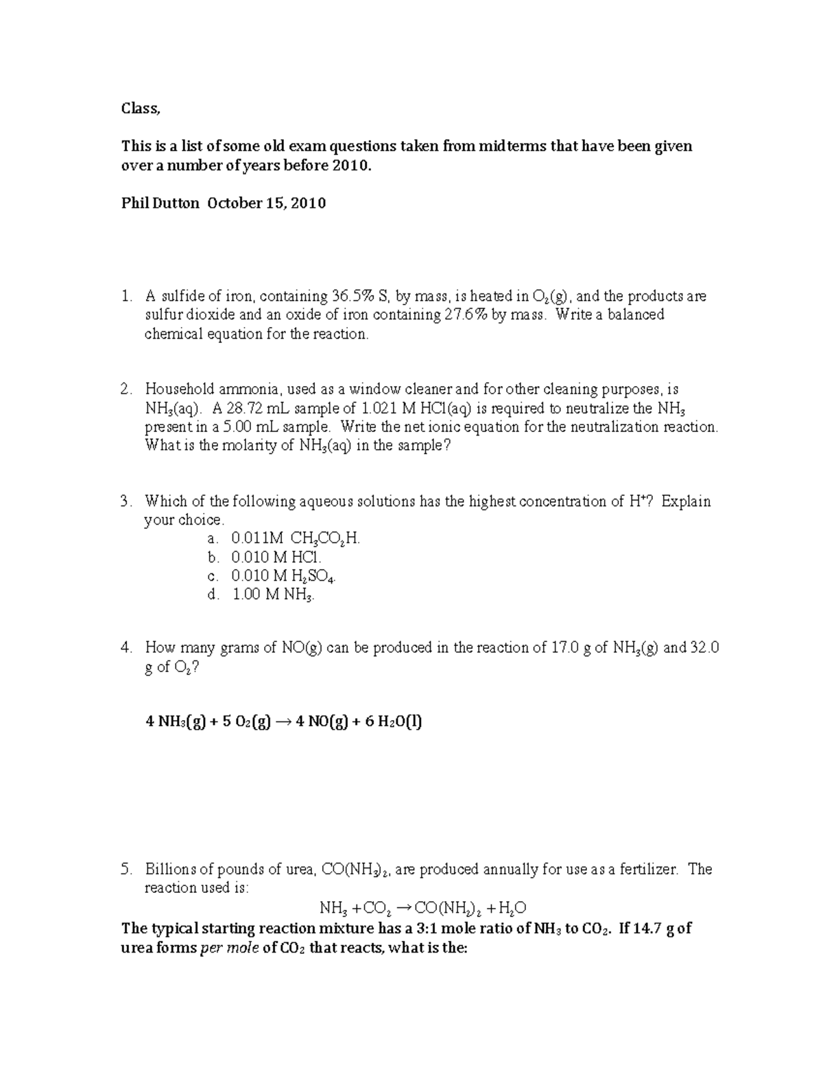 Example questins (pre 2010 ) - Class, This is a list of some old exam ...