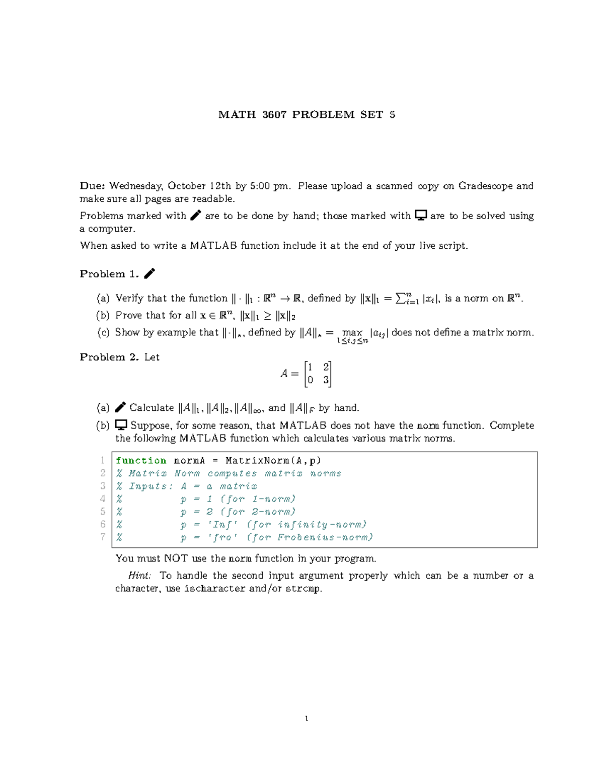 PS5 MATH 3607-1 - homework 5 - MATH 3607 PROBLEM SET 5 Due: Wednesday ...