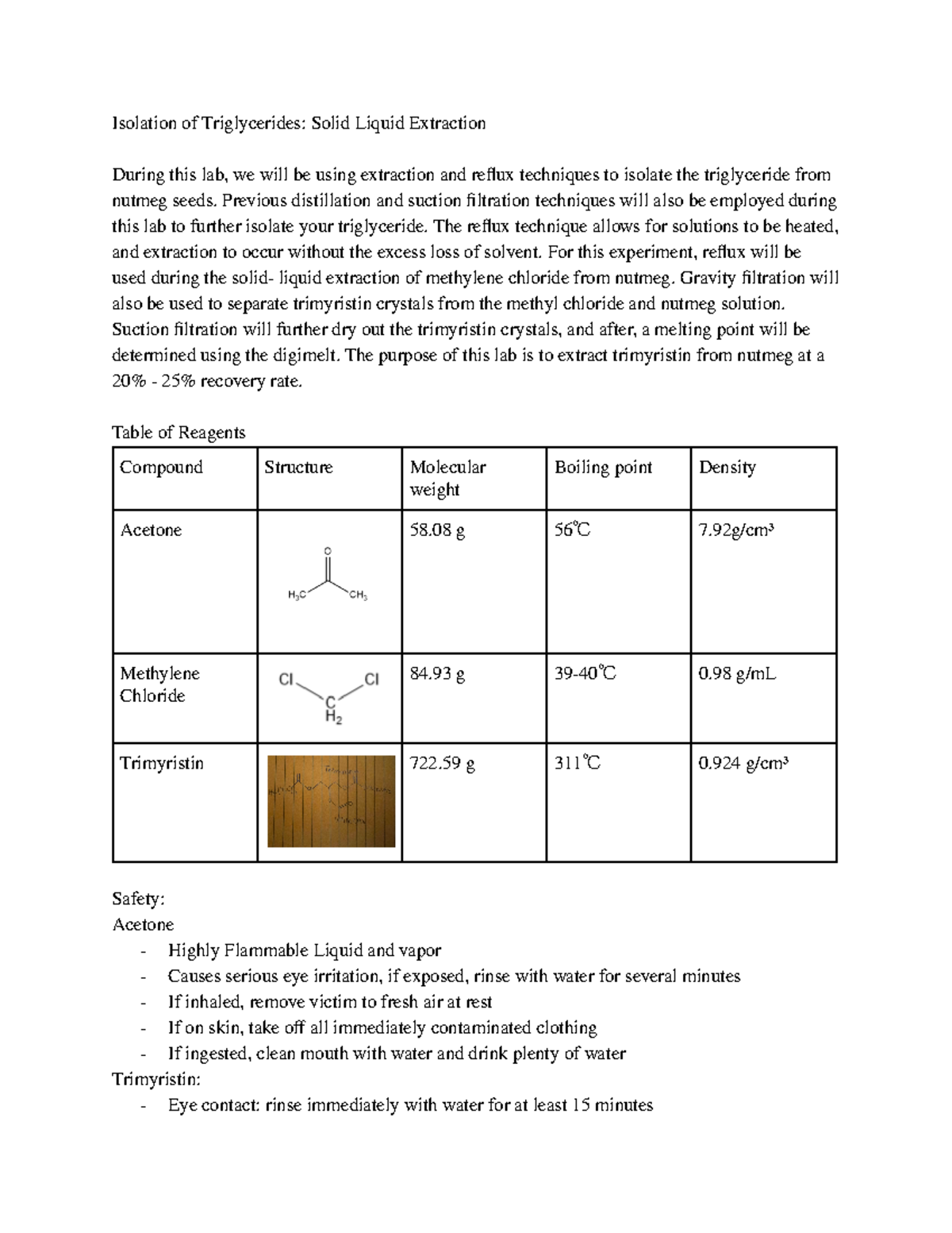 Post Lab 3 Isolation of Nutmeg Isolation of Triglycerides Solid