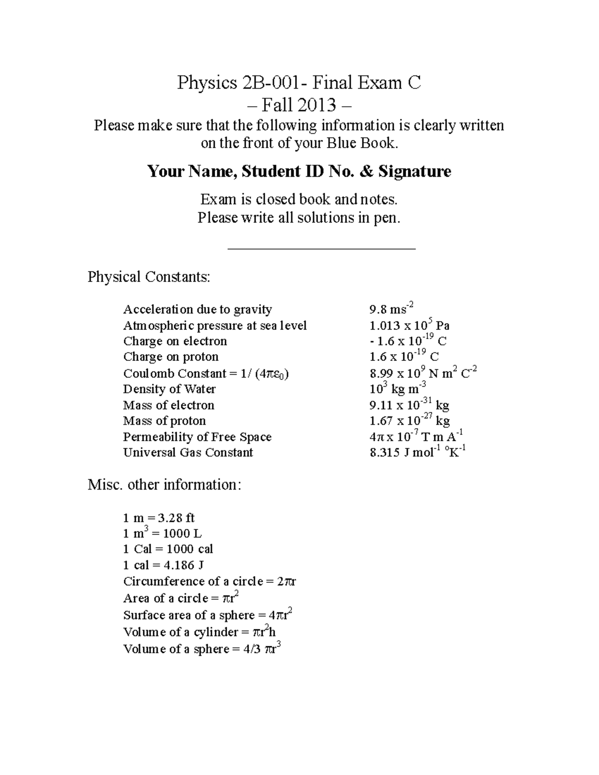 Phys2B 001 Final A 13W - Physics 2B- 001 - Final Exam C – Fall 2013 ...