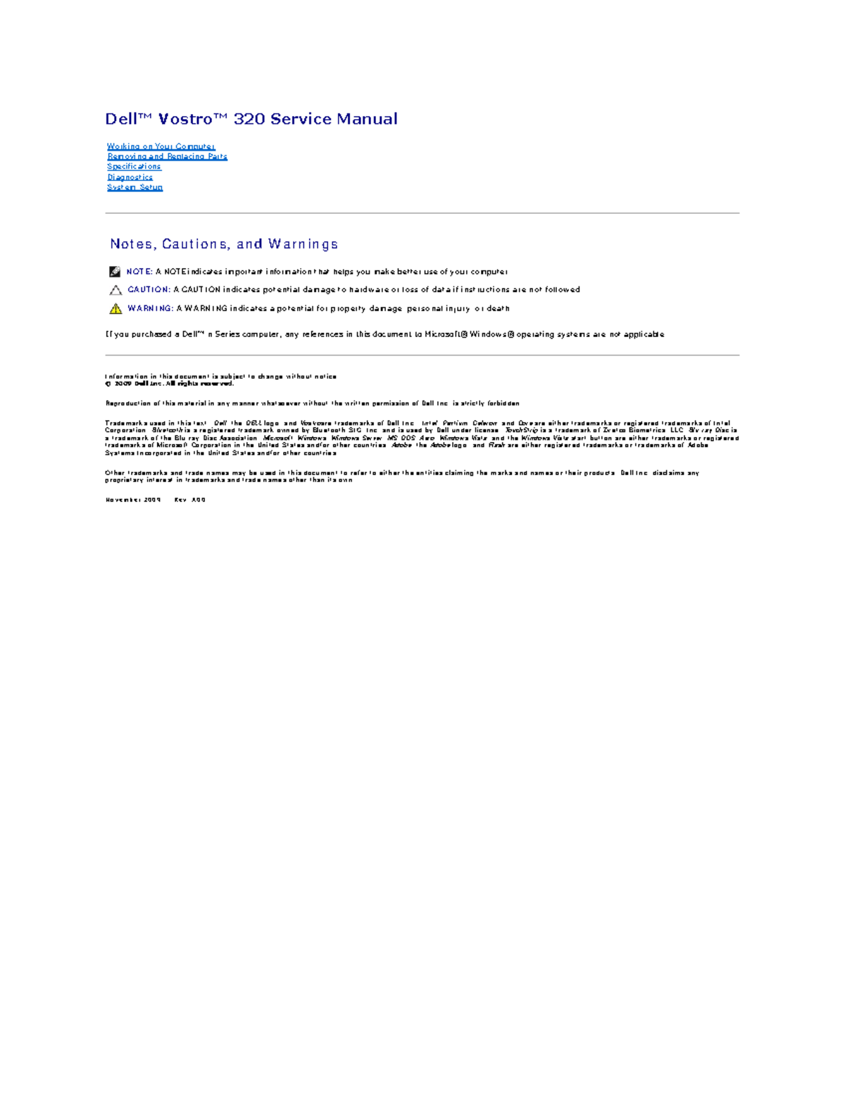 Dell Vostro 320 Service Manual - Dell# Vostro# 320 Service Manual N o t ...