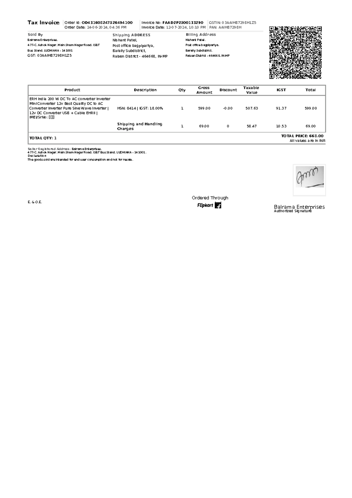 Flipkart Invoice 13 Jul 2024 06 17 - Tax Invoice Order Id: OD Order ...