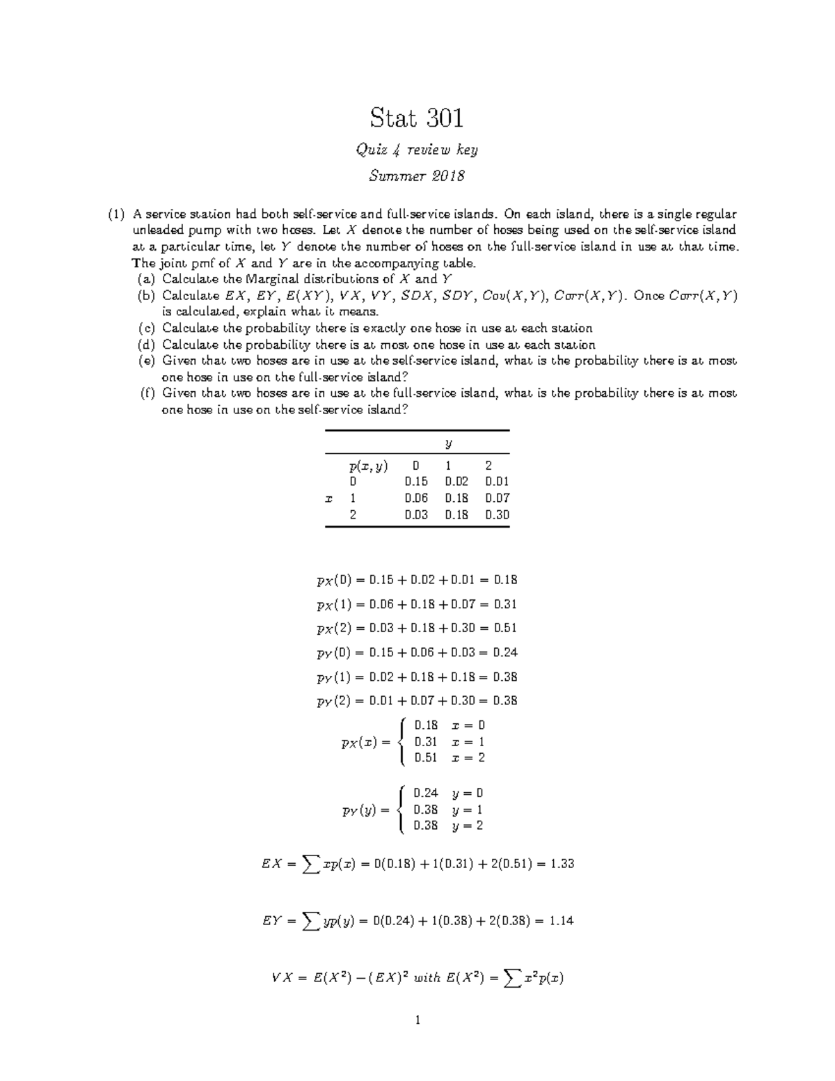 Summary review of econ 301 for final exam - Stat 301 Quiz 4 review key ...