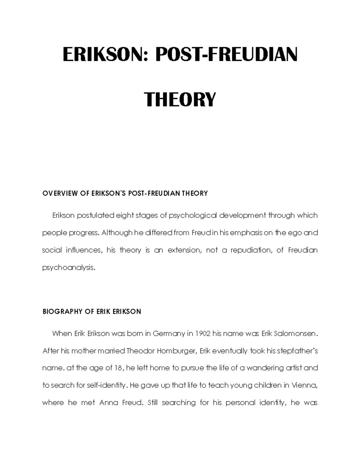 Erikson summaries for TOP ERIKSON POSTFREUDIAN THEORY OVERVIEW OF