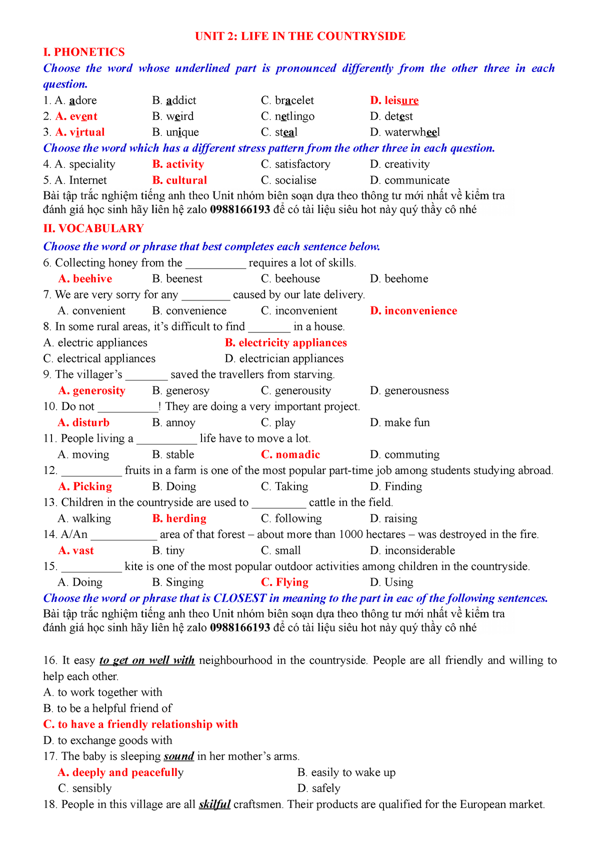 Đáp án Unit 2 - BTVN - UNIT 2: LIFE IN THE COUNTRYSIDE I. PHONETICS ...