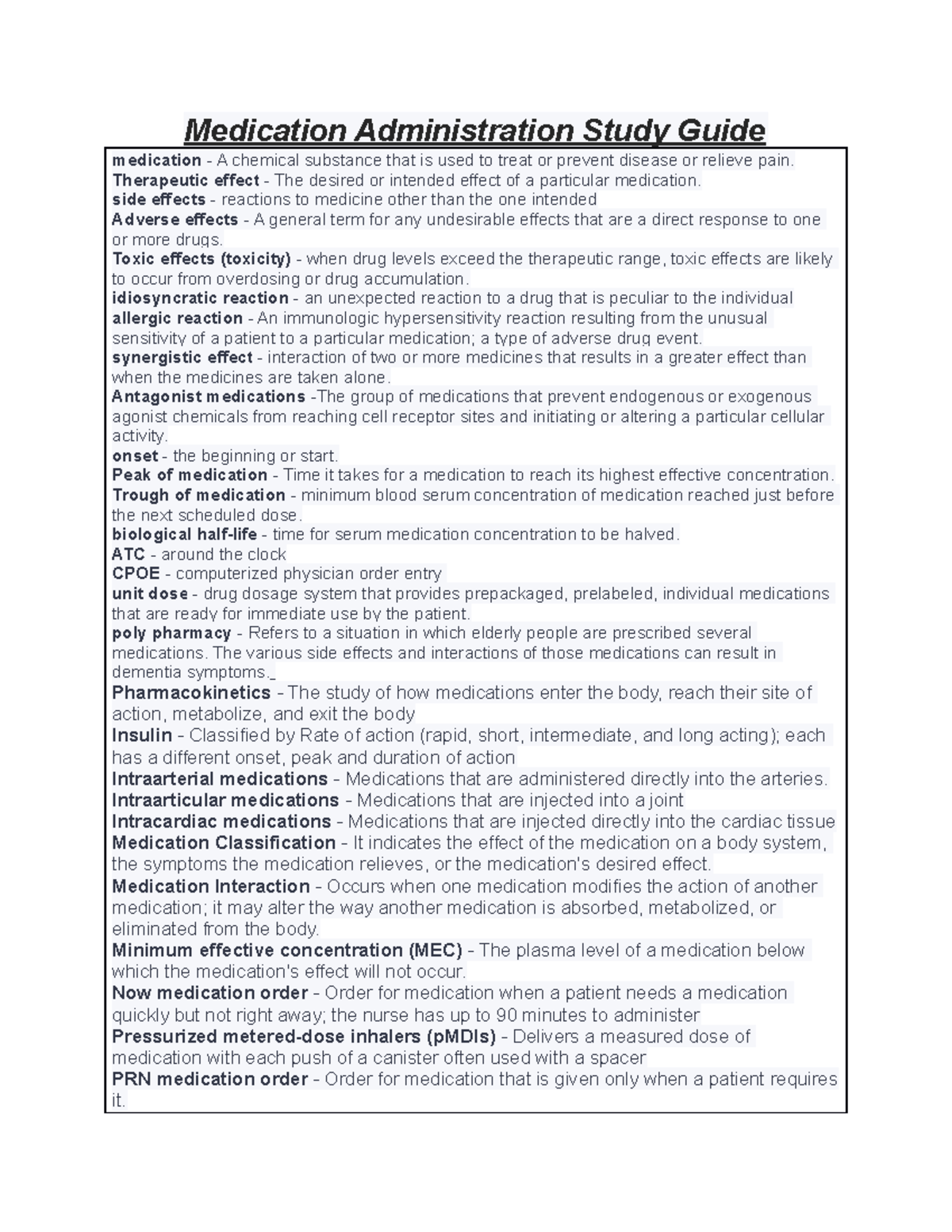 Pharmocology - Study Guide - Medication Administration Study Guide ...