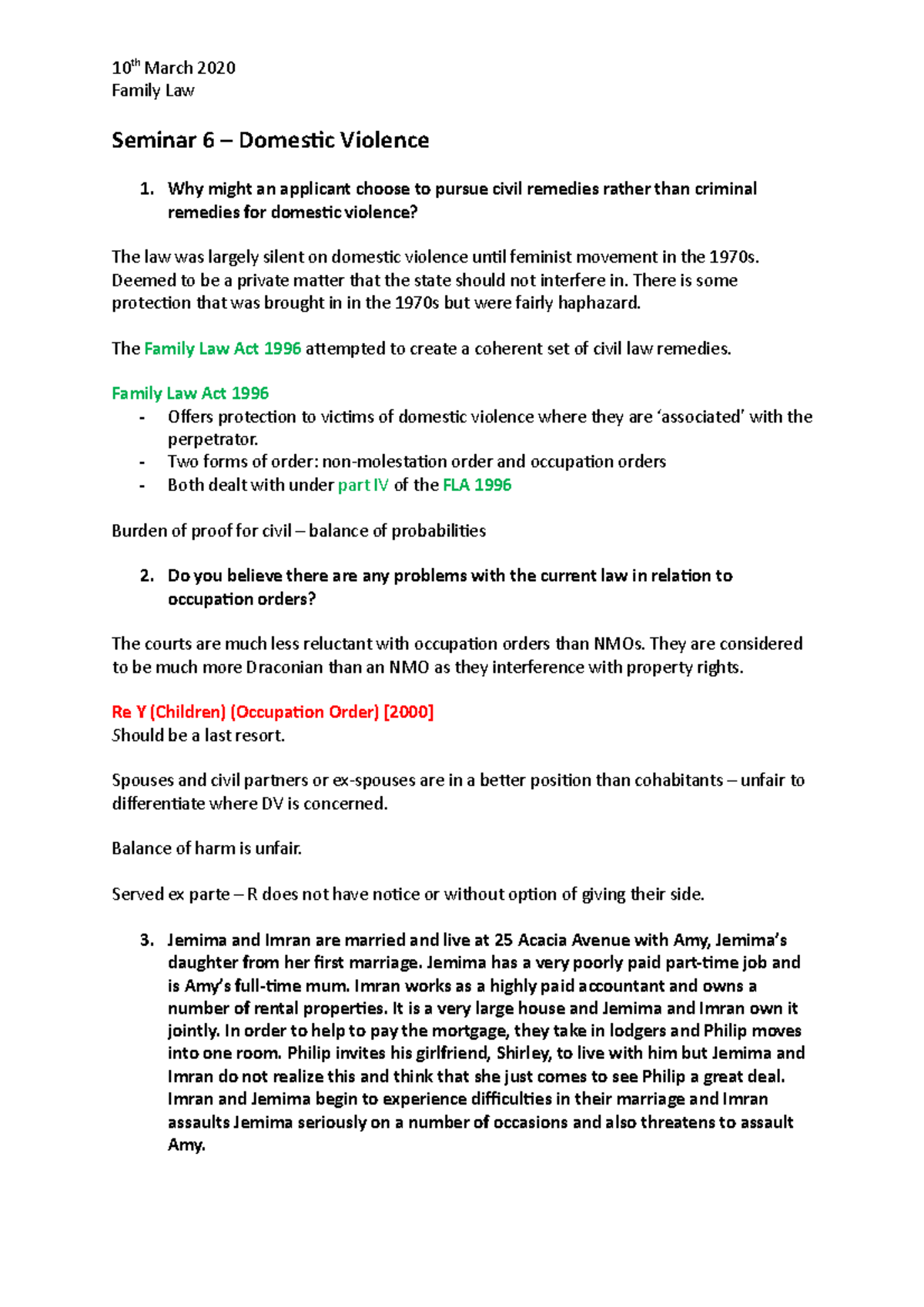 S6 Domestic Violence - Lecture notes 1 - 10 th March 2020 Family Law ...