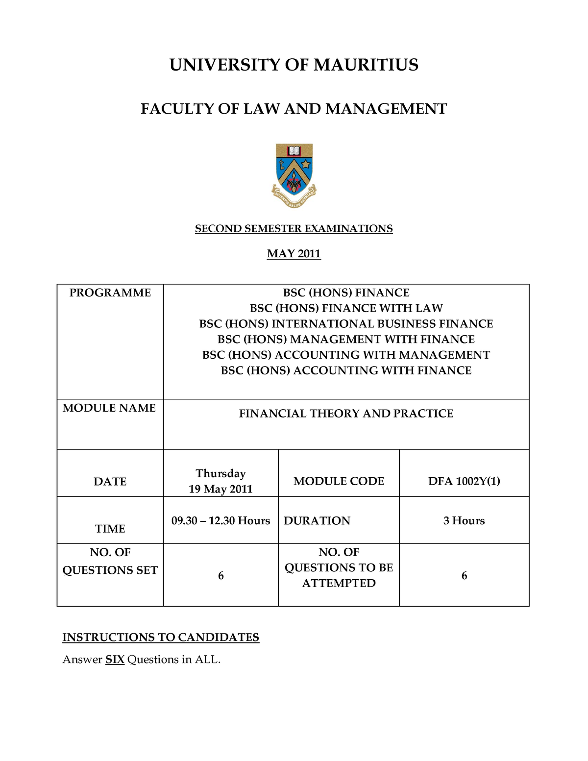 DFA1002Y-1-2011 - frp past paers - UNIVERSITY OF MAURITIUS FACULTY OF ...