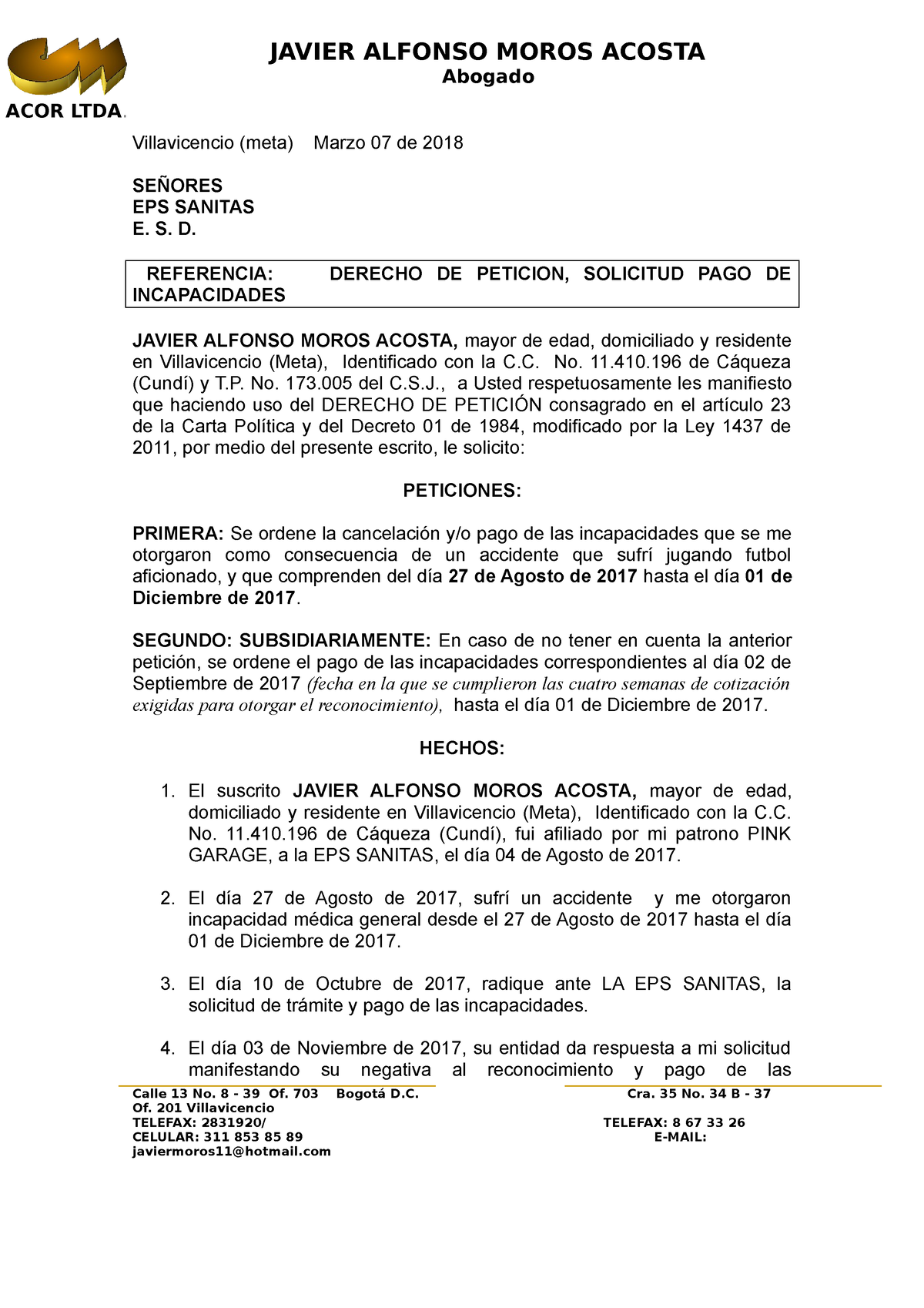 Derecho DE Peticion PAGO Incapacidades EPS Sanitas Villavicencio