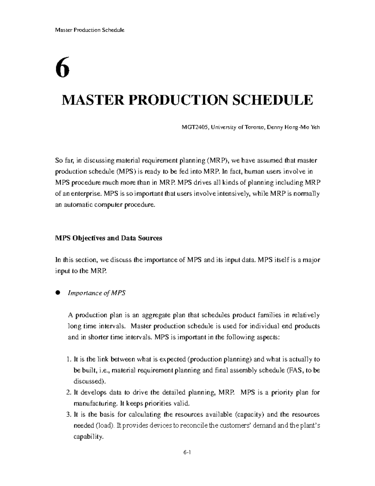 MPS - Lecture Notes 1 - Master Production Schedule 6 MASTER PRODUCTION ...