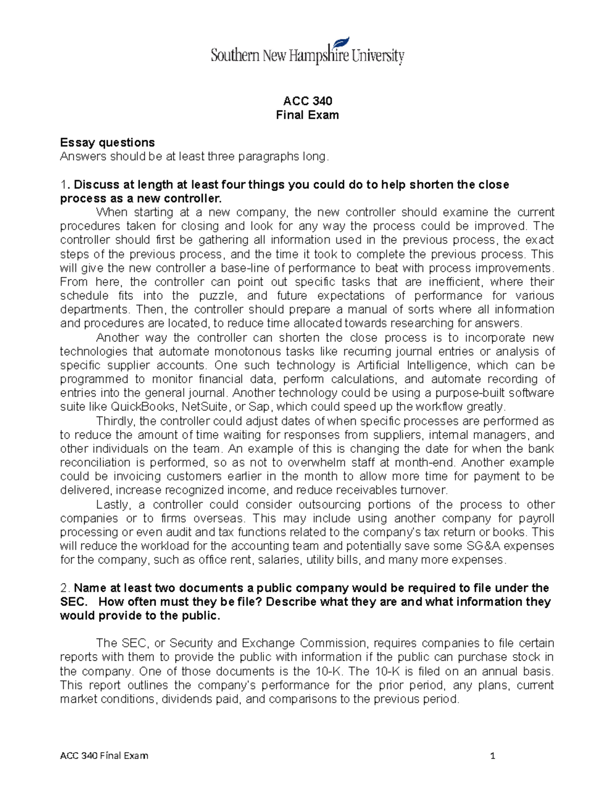 ACC 340 Final Exam ACC 340 Final Exam Essay questions Answers should