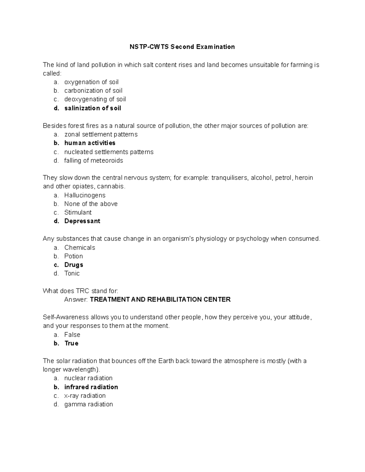 NSTP-CWTS Second Examination - oxygenation of soil b. carbonization of ...