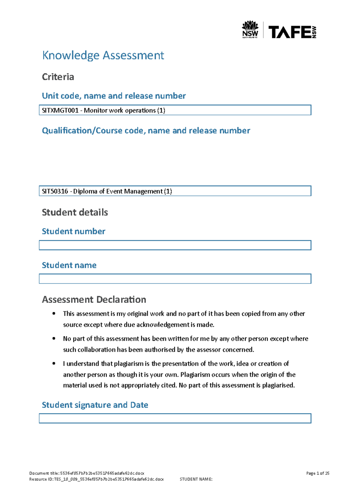 Part 1 knowledge assessment - Knowledge Assessment Criteria Unit code ...