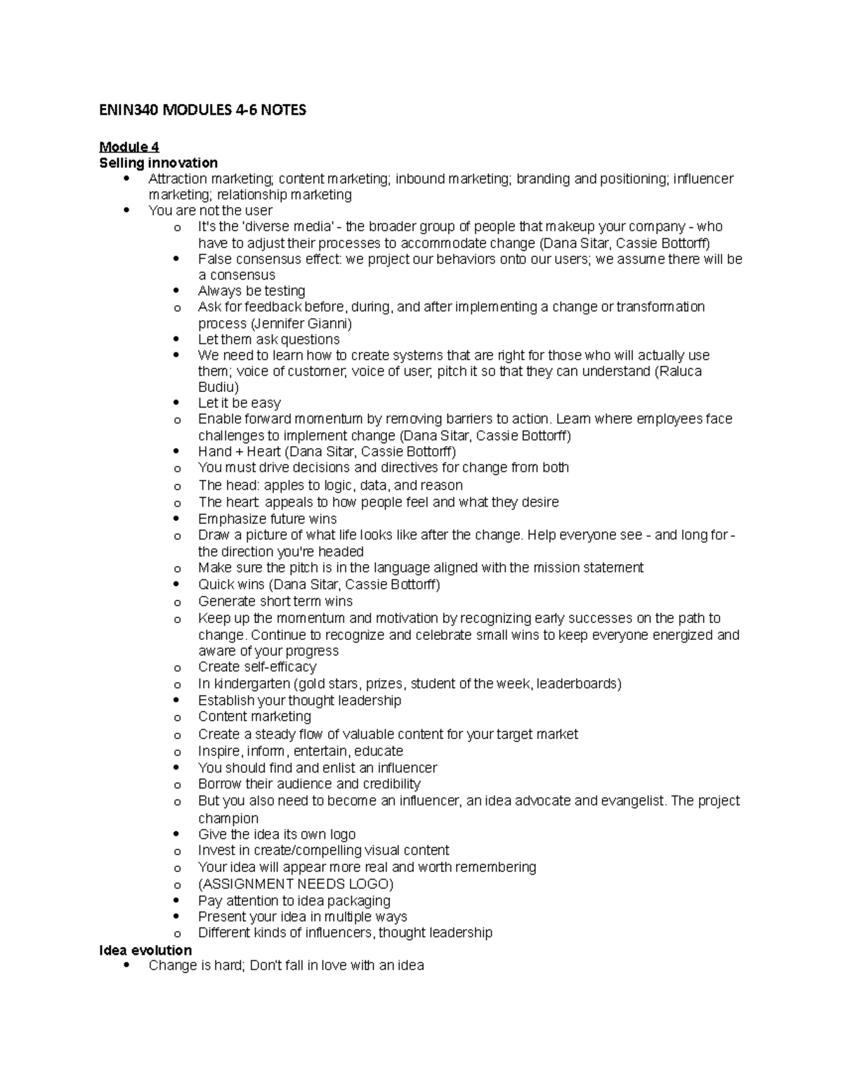 ENIN340 Modules 4-6 Notes - ENIN340 MODULES 4-6 NOTES Module 4 Selling ...