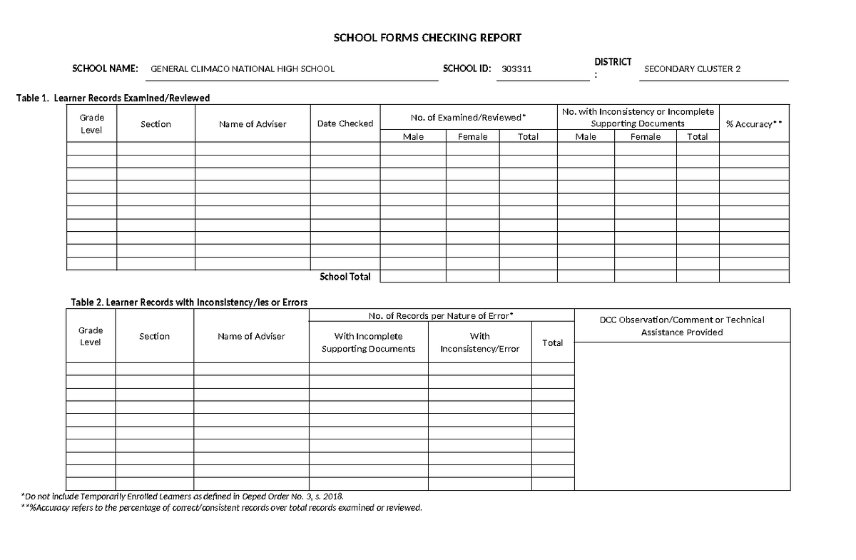 SFRC-1A - SFRC 1A - SCHOOL FORMS CHECKING REPORT SCHOOL NAME: GENERAL ...