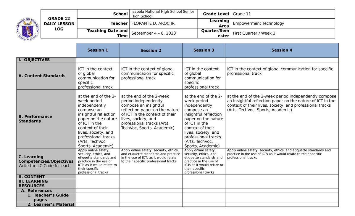 Empowerement of Technologies 1st Quarter 2nd Week - GRADE 12 DAILY ...