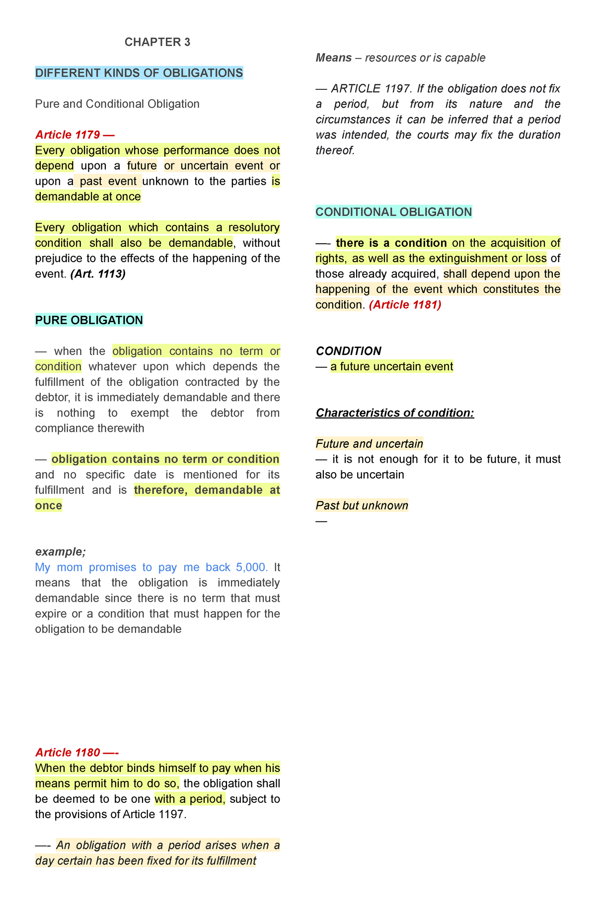 Oblicon Reviewer - CHAPTER 3 DIFFERENT KINDS OF OBLIGATIONS Pure And ...