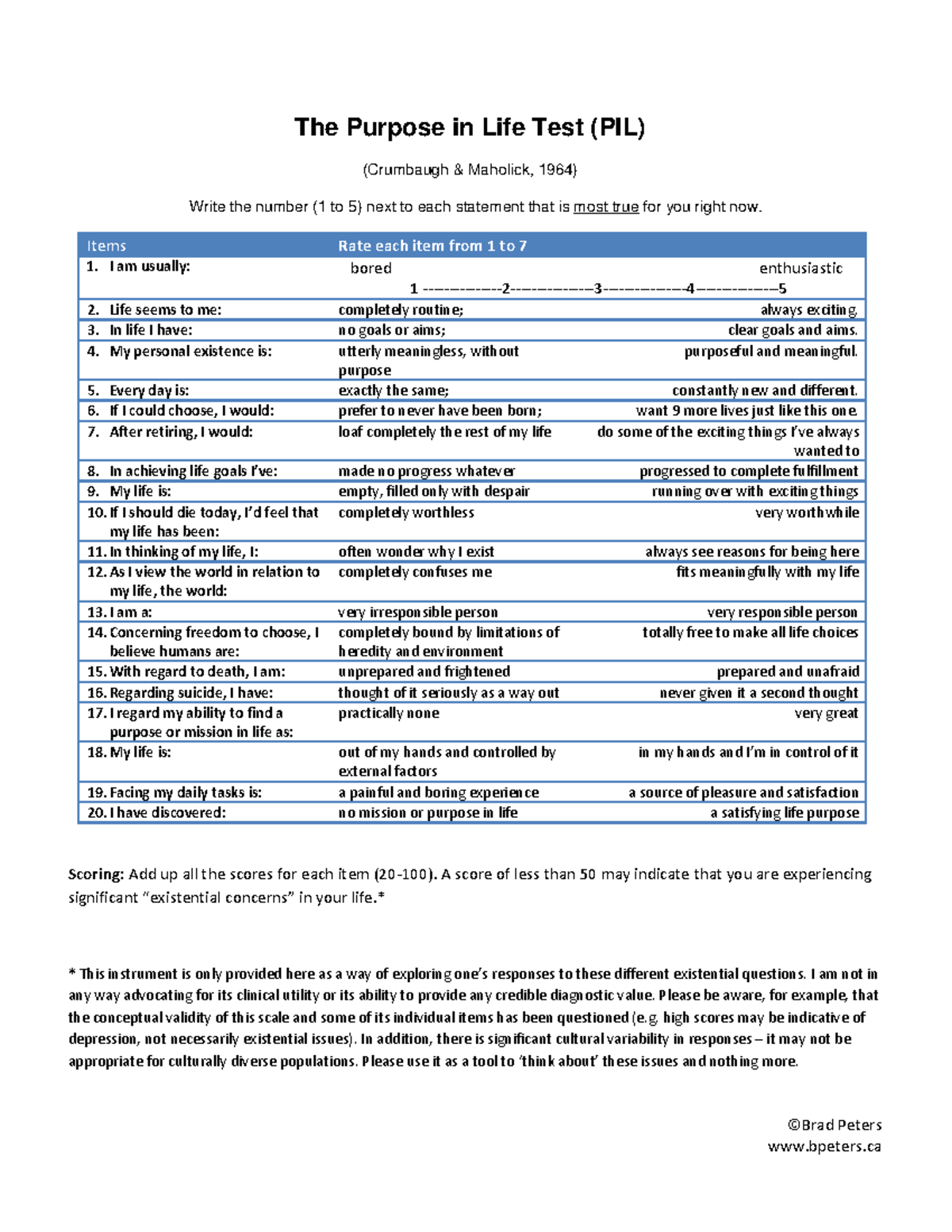 The Purpose in Life Test ©Brad Peters bpeters The Purpose in Life
