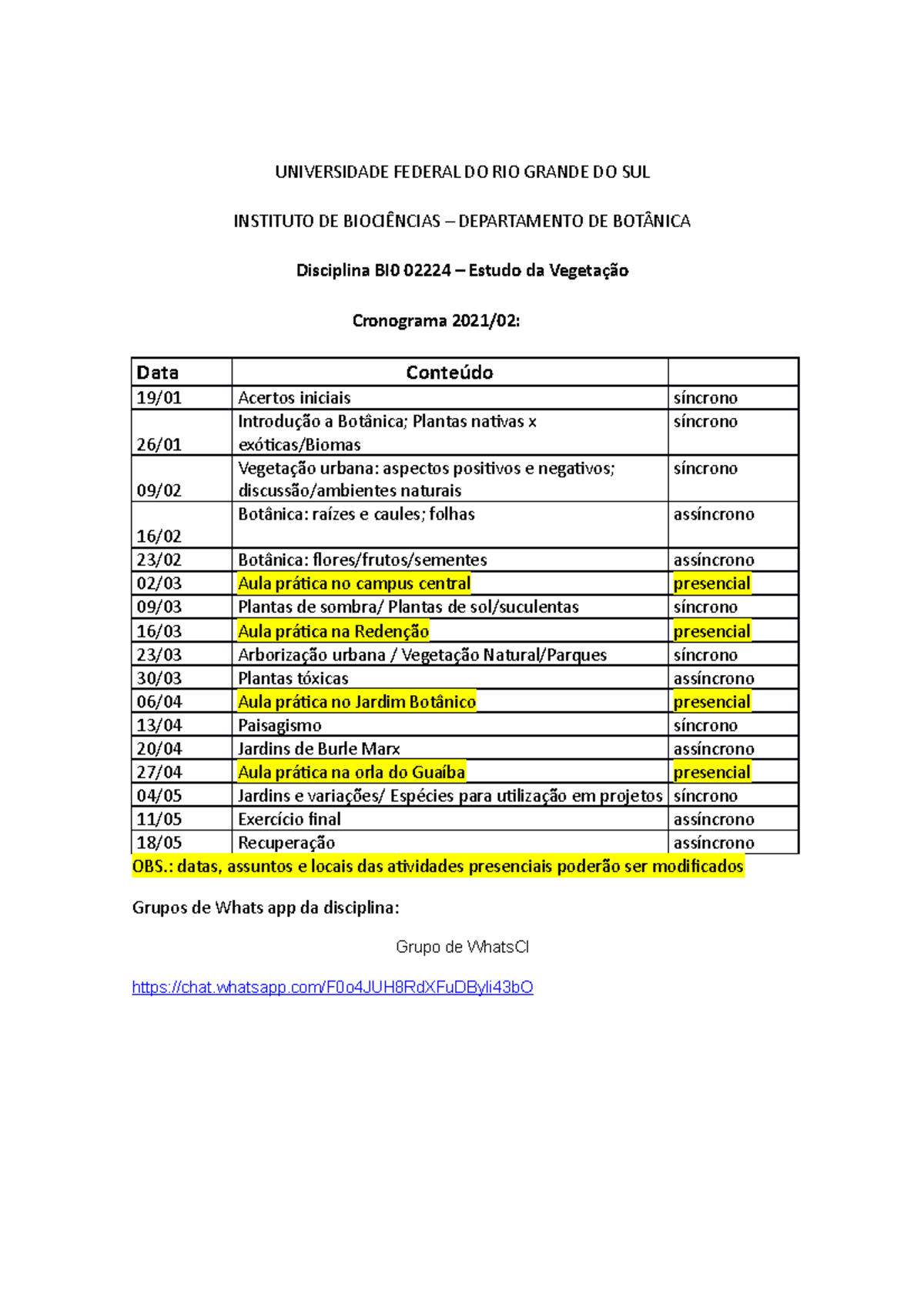 Cronograma Estudo da Vegetação 2021 2 - UNIVERSIDADE FEDERAL DO RIO ...
