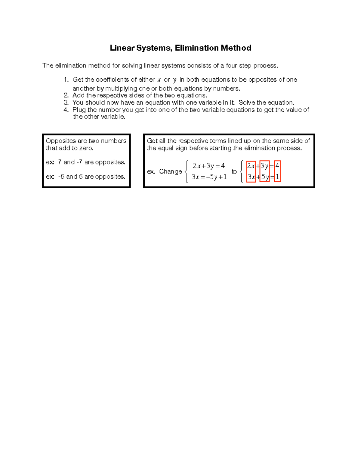 Section 3.5 Linear System, Elimination Method Linear Systems